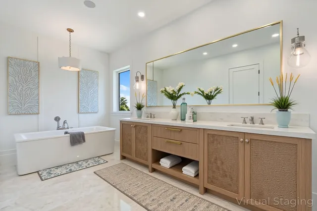 a bathroom with a shower sink double and mirror