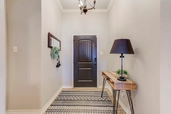 a view of a hallway with a workspace