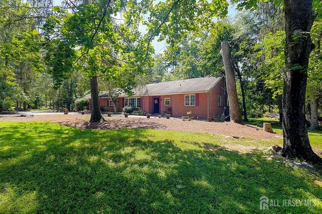 a front view of a house with yard and green space