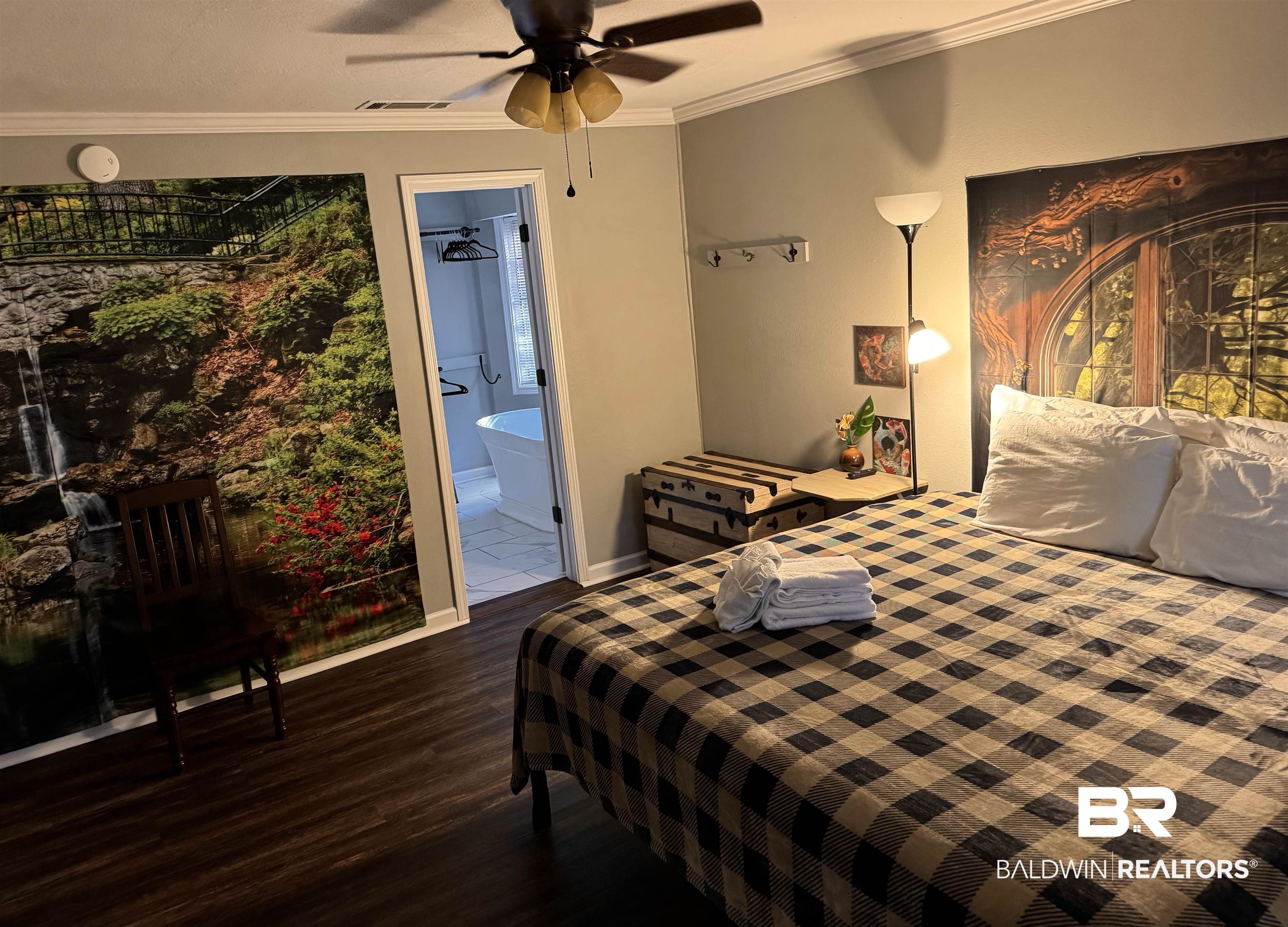 1302 Oak Street Daphne, AL 36526 - Photo 14 of 34 Bedroom featuring ornamental molding, dark wood-style floors, connected bathroom, and a ceiling fan
