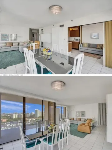 a living room with furniture and a table