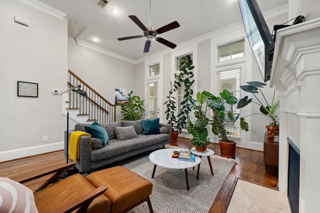 a living room with furniture a chandelier and a potted plant