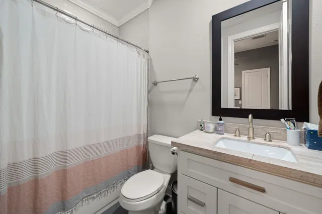 a bathroom with a sink a toilet and shower curtain