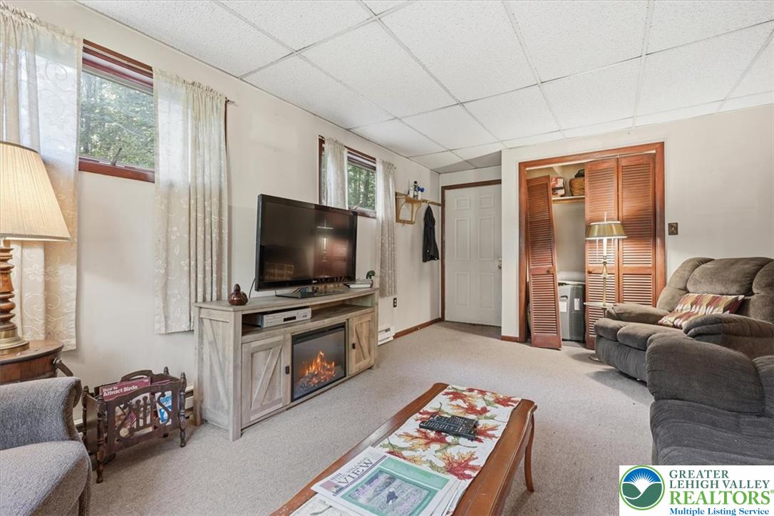 143 Logger Road Canadensis, PA 18325 - Photo 10 of 32 A relaxed gathering space showcasing cozy carpeting and a practical built-in electric fireplace media console.