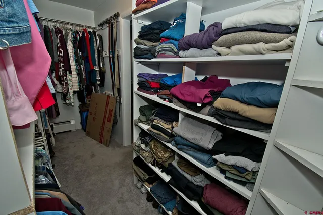 a view of walk in closet with clothes and shoes