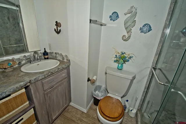 a bathroom with a granite countertop sink toilet and a mirror