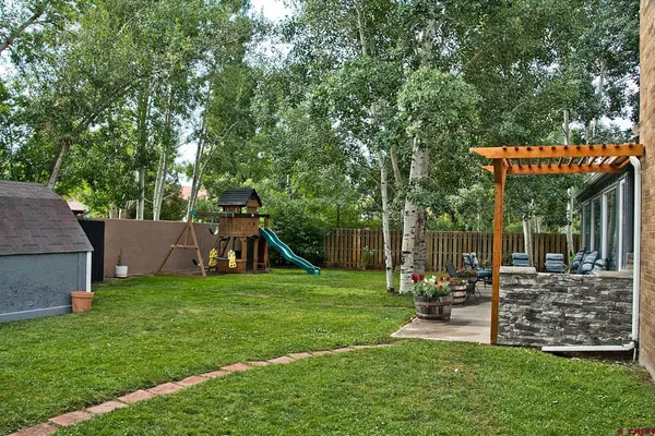a garden view with a seating space