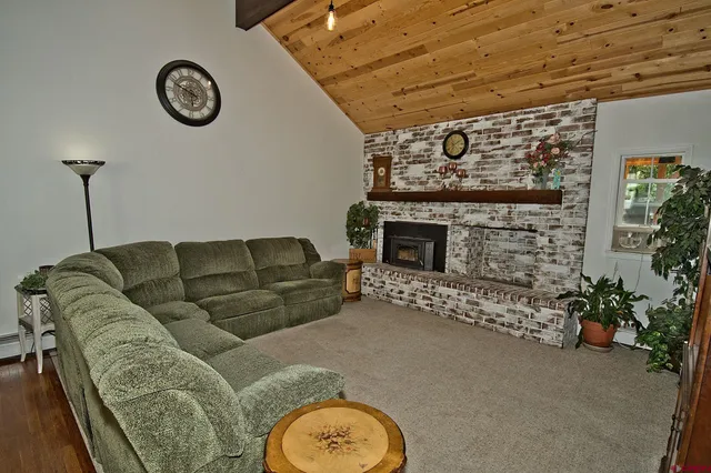 a living room with furniture a fireplace and a wall