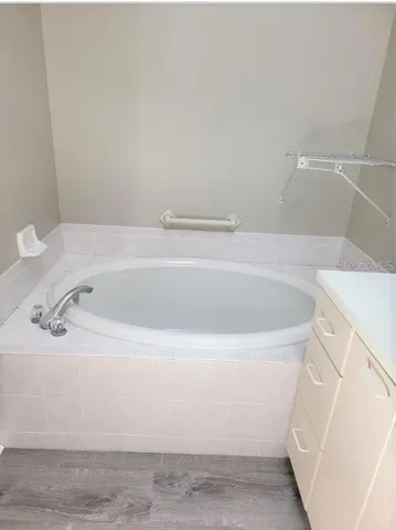 a bathroom with a bathtub