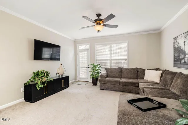 a living room with furniture potted plant and a window