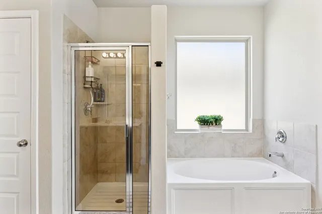 a bathroom with a bathtub and a shower
