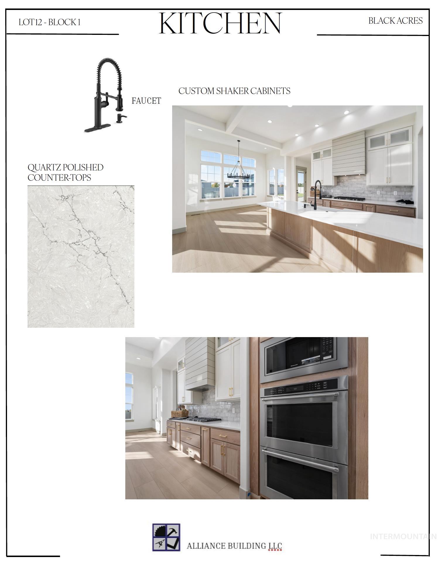 12124 October Glory Street Middleton, ID 83644 - Photo 13 of 22 Marketing Material, Kitchen Specifications. Providing details for the property's kitchen, including fixtures and finishes