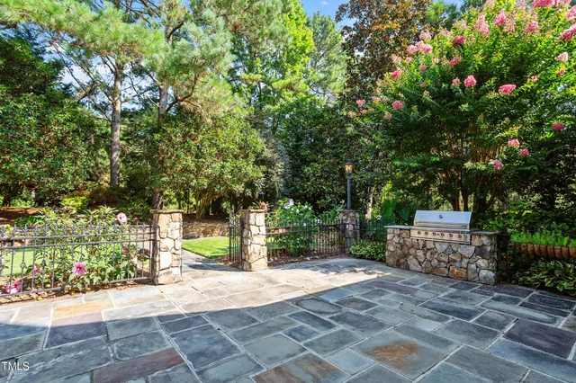 a view of a street with potted plants and large trees
