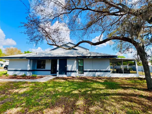 a view of a house with a yard patio and tree