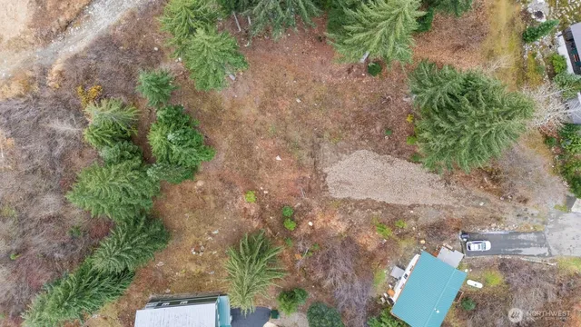 an aerial view of a house with a yard and covered with trees