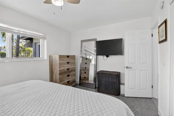 a bedroom with a bed and a flat screen tv