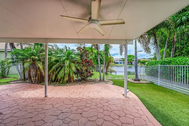 a view of a porch with a garden