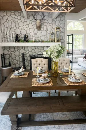 a view of a dining room with furniture