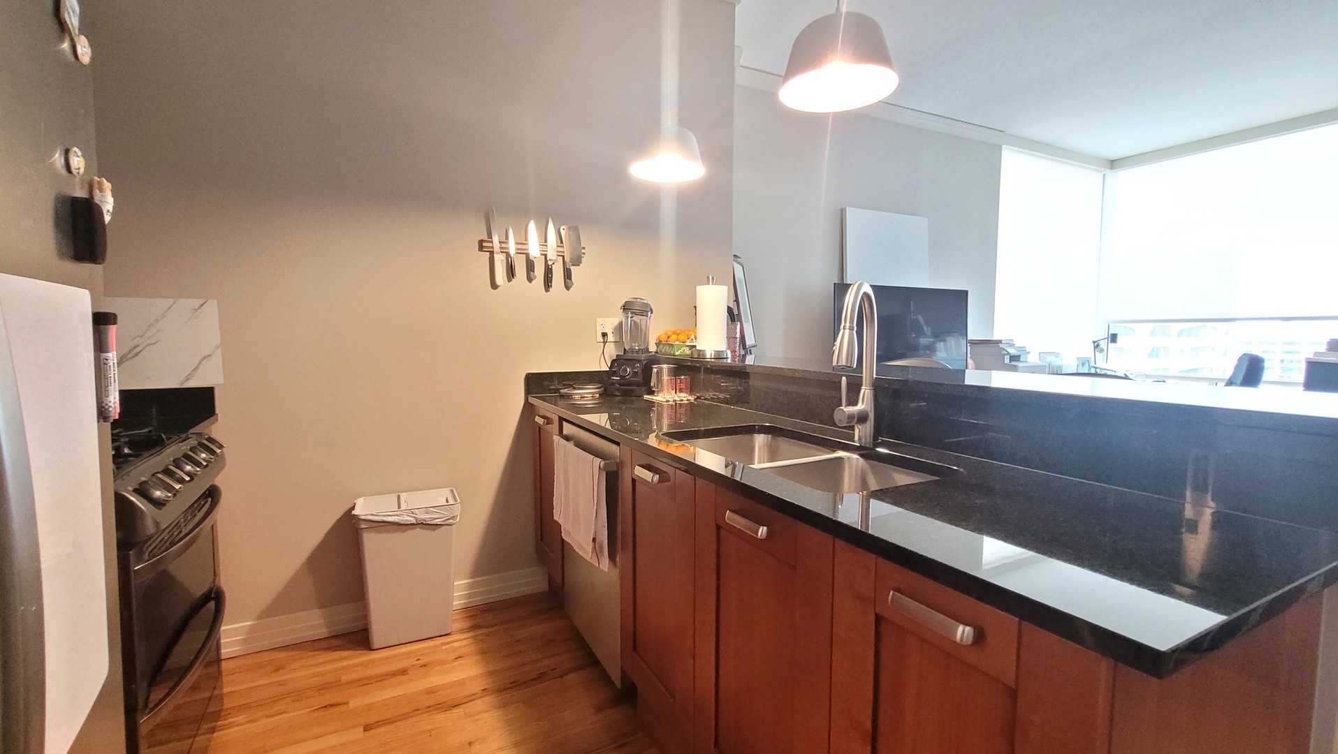 170 West Polk Street, Unit 1003 Chicago, IL 60605 - Photo 11 of 27 a kitchen with granite countertop a sink a stove a counter space and a window