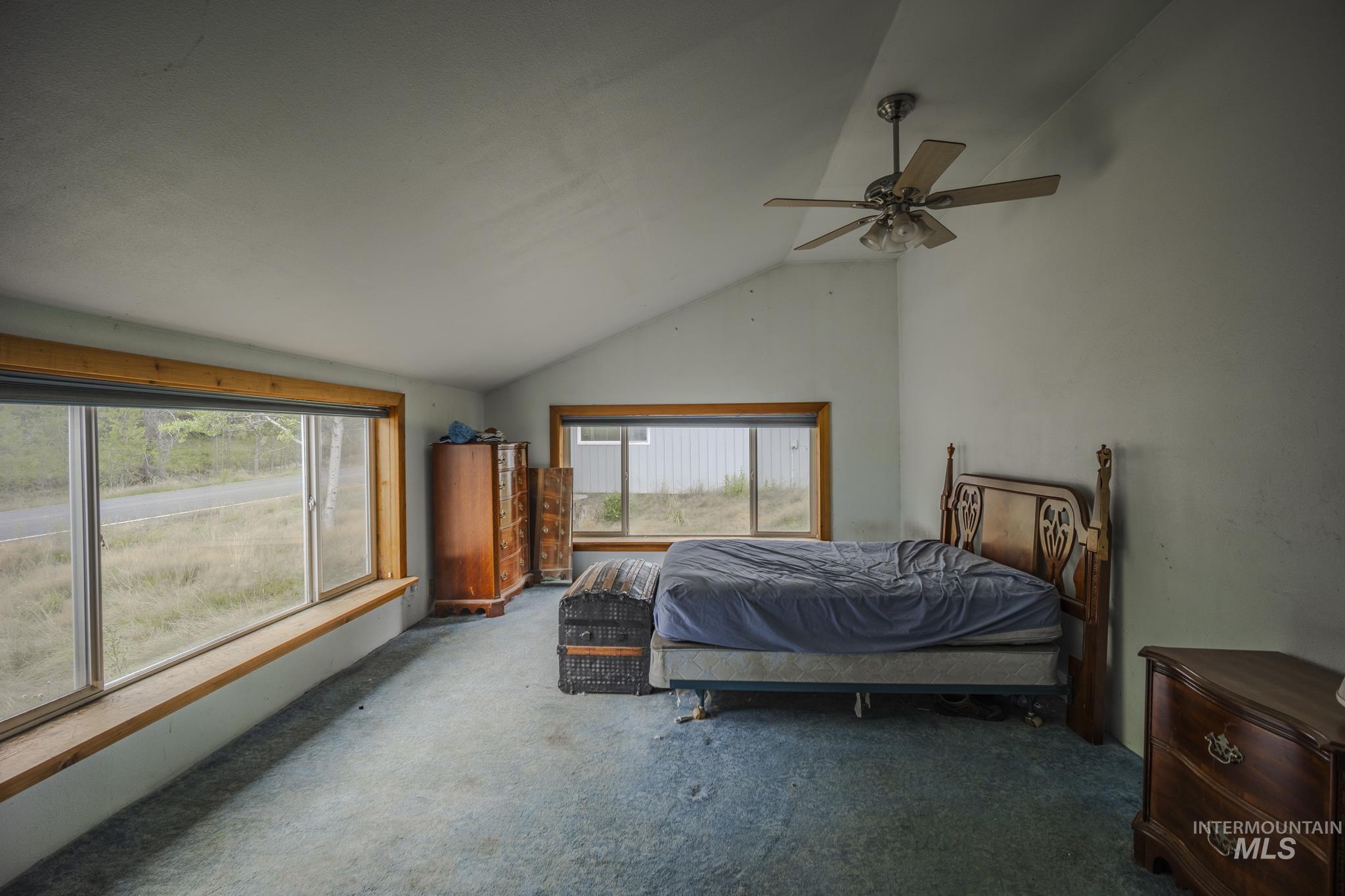 140 Ridgeway Drive Elk City, ID 83525 - Photo 26 of 47 Bedroom with lofted ceiling, carpet, and a ceiling fan
