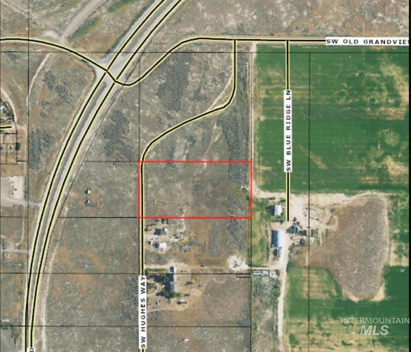 Tbd Southwest Hughes Way Mountain Home, ID 83647 - Photo 2 of 2 Aerial map of property and surrounding area with property boundaries highlighted