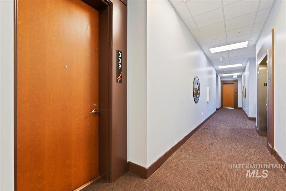 419 South 8th Street, Unit 309 Boise, ID 83702 - Photo 6 of 28 Hall featuring a drop ceiling and dark colored carpet