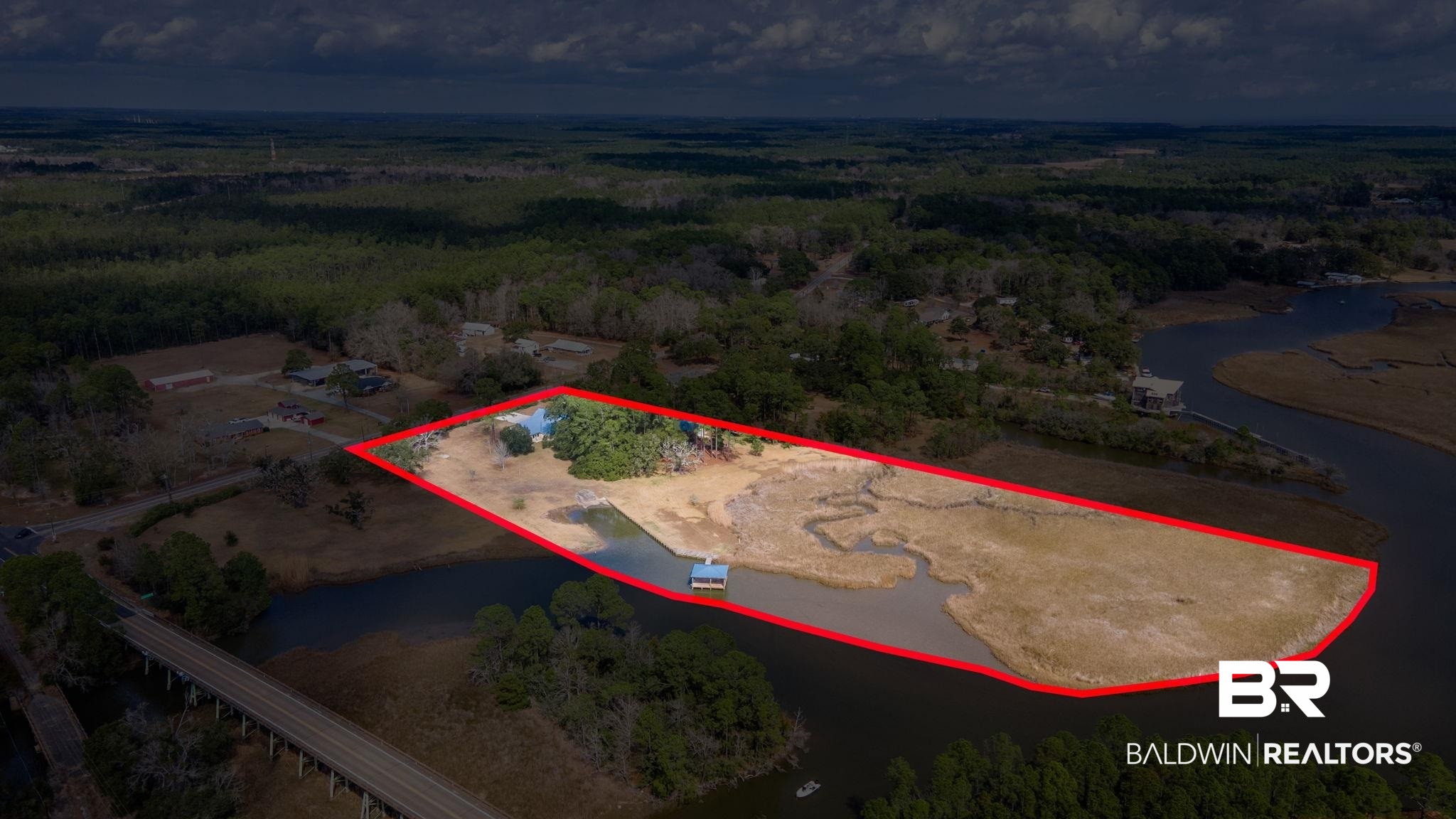 15025 Bellingrath Road Coden, AL 36523 - Photo 73 of 79 Aerial view of property and surrounding area featuring property parcel outlined and a nearby body of water