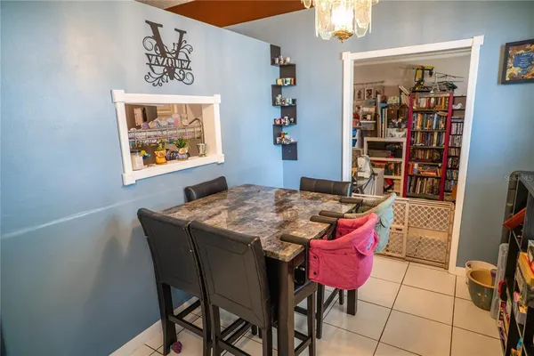 a view of a dining room with furniture