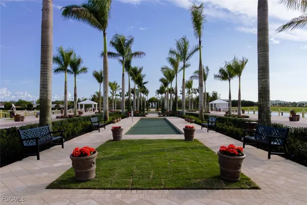 a garden view with a sitting space