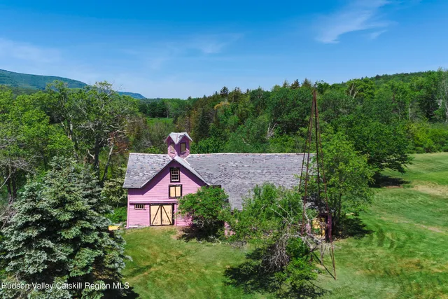 a view of a lush green hillside and houses