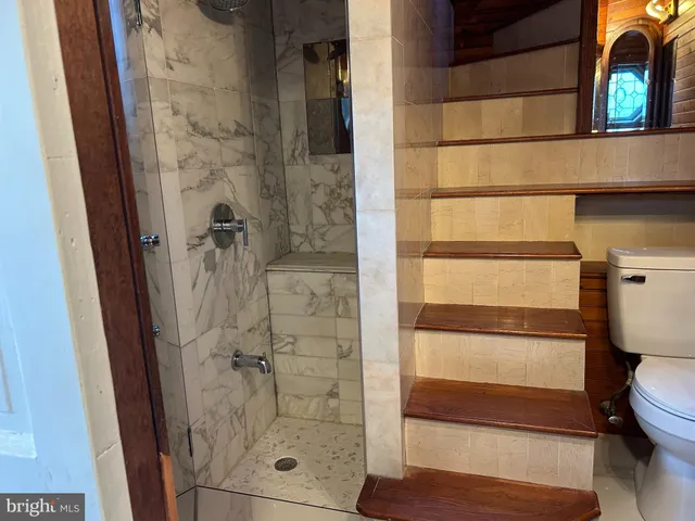 a bathroom with a toilet and a shower