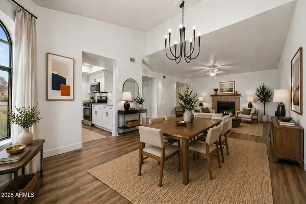 a view of a dining room with furniture