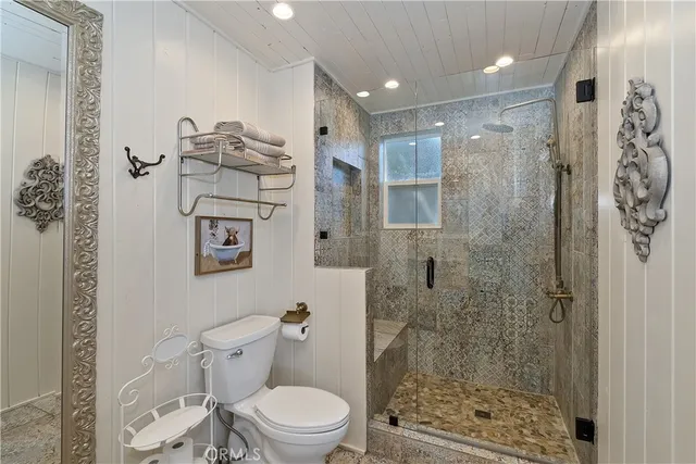 a bathroom with a shower and a toilet