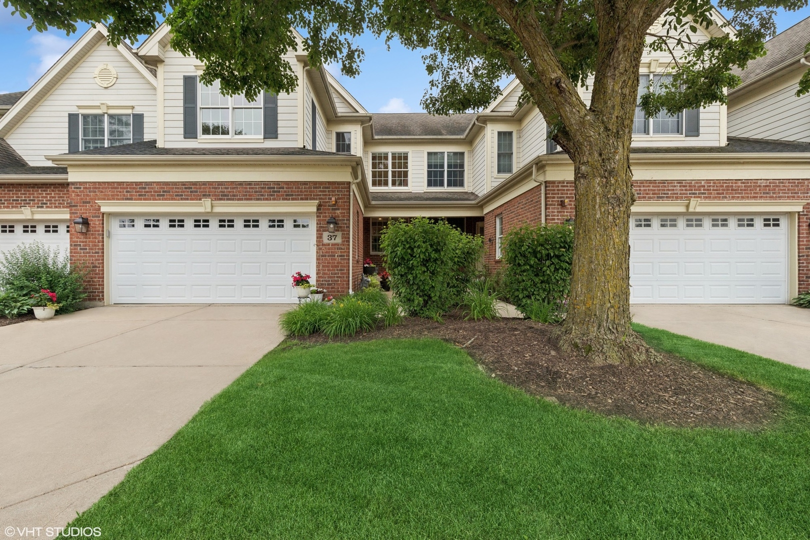a front view of a house with a garden and a tree