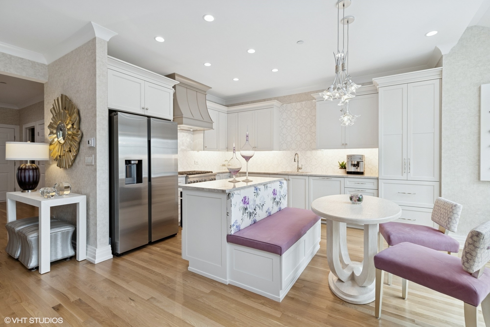 37 Harborside Way Hawthorn Woods, IL 60047 - Photo 8 of 28 a kitchen with stainless steel appliances kitchen island granite countertop a refrigerator a stove a sink and a dining table with white cabinets