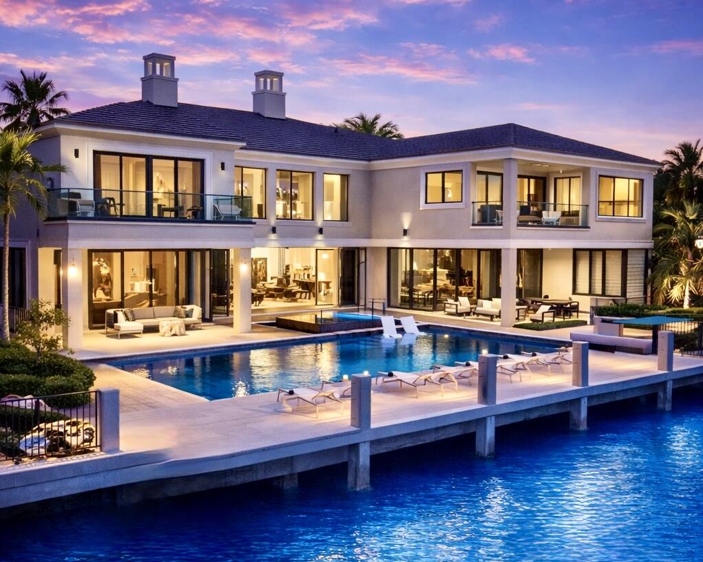 a view of a swimming pool with a lounge chairs in front of a house