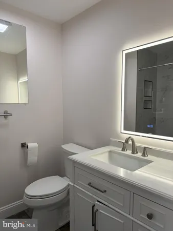 a bathroom with a sink a toilet and mirror