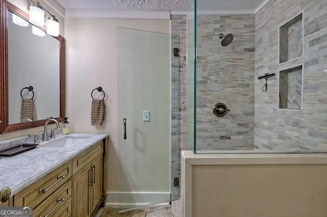 a view of a large yard with swimming pool