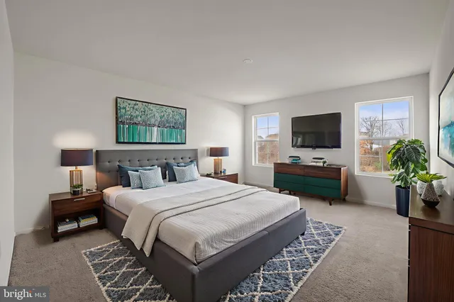 a bedroom with a bed and a television