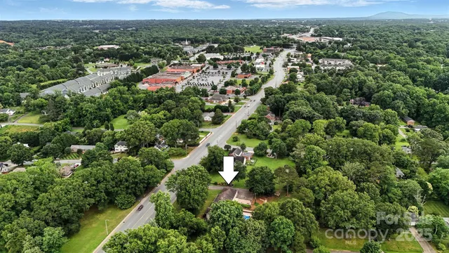 an aerial view of residential houses with outdoor space and trees