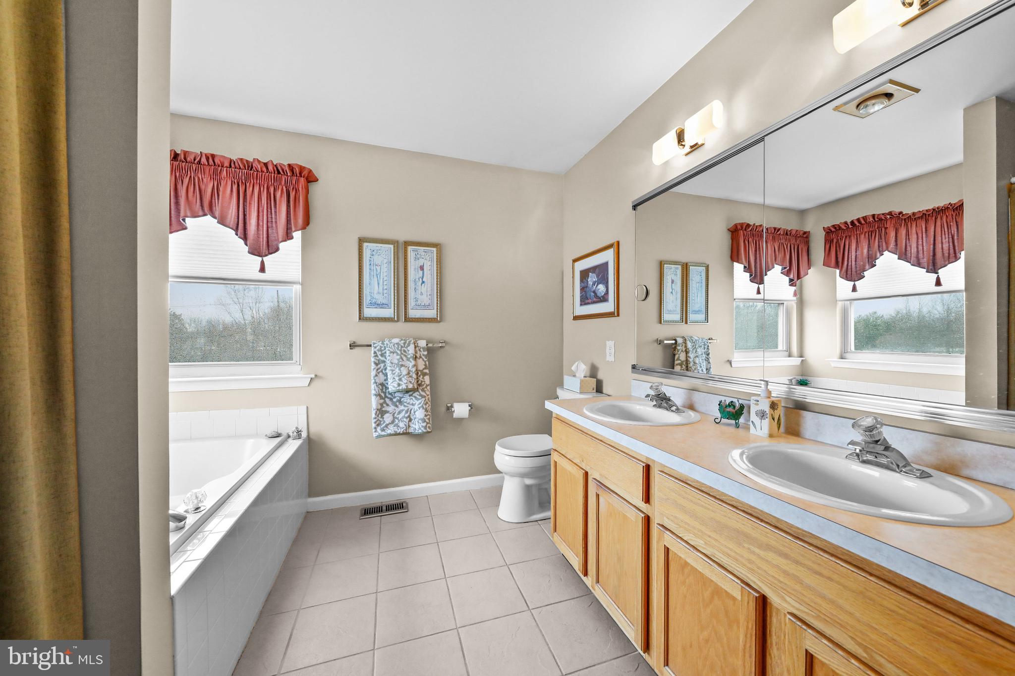 7 Colts Gait Road Evesham, NJ 08053 - Photo 25 of 47 a bathroom with a double vanity sink a mirror and a bathtub