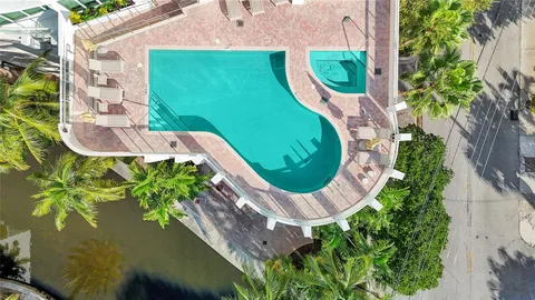 an aerial view of a swimming pool with a yard