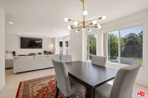 a view of a dining room with furniture wooden floor and chandelier