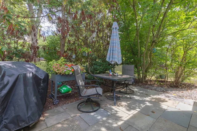 a view of a backyard with furniture and a slide