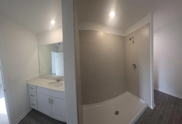 a bathroom with a tub sink vanity and mirror