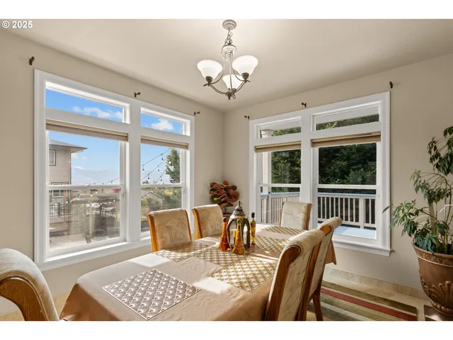 a view of a dining room with furniture wooden floor and chandelier