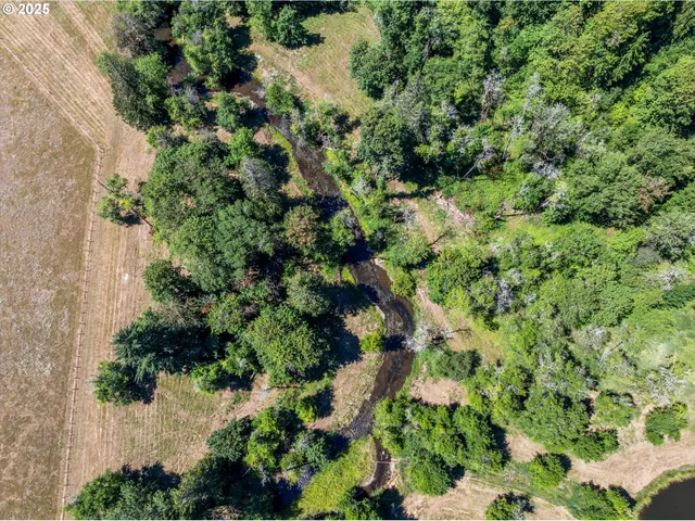 an aerial view of a house with a yard and street