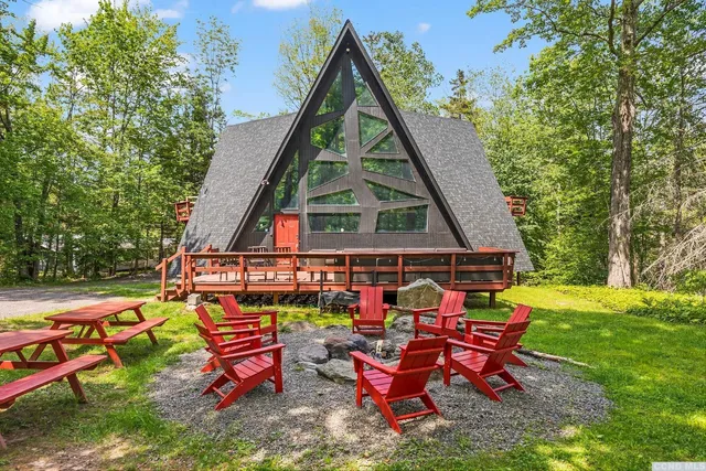 an outdoor space with furniture
