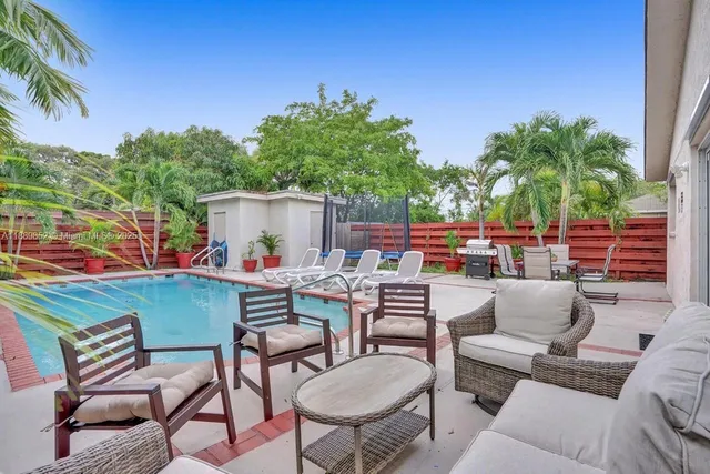 a view of a chairs and table in patio