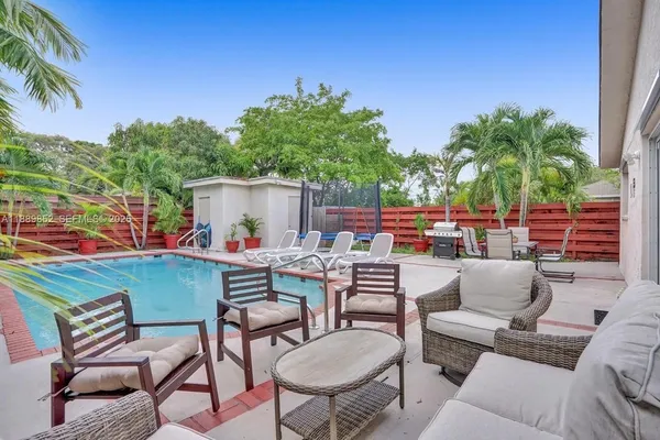 a view of a chairs and table in patio